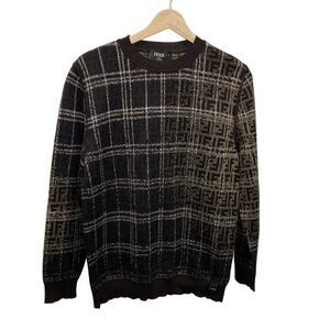 FENDI Long Sleeve Sweater - Size 46 S Men's - Dark Brown X Black X Multi Zucca